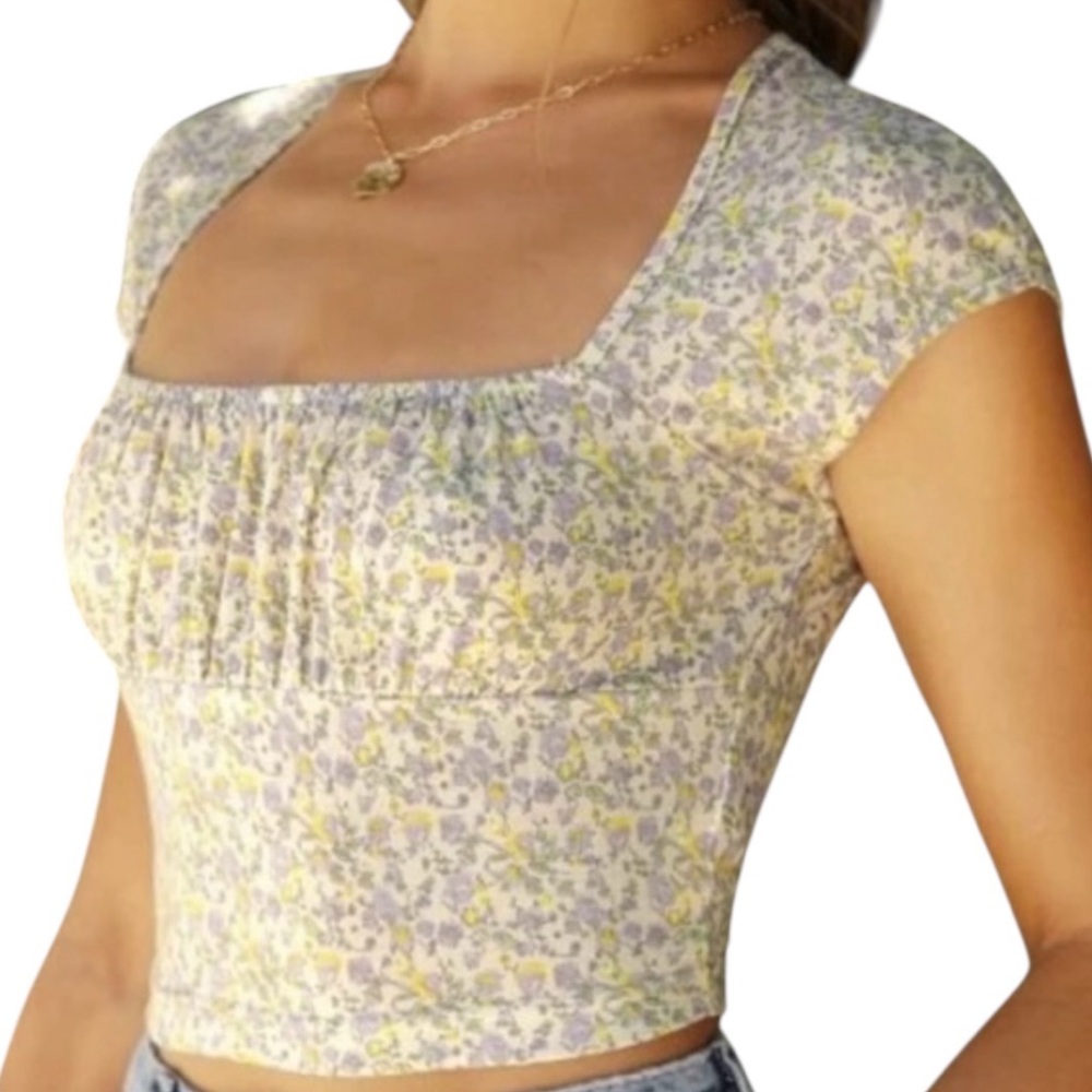 Small NWOT Ruched Bust Ditsy Floral Crop Top Purple White Yellow Cap Sleeves